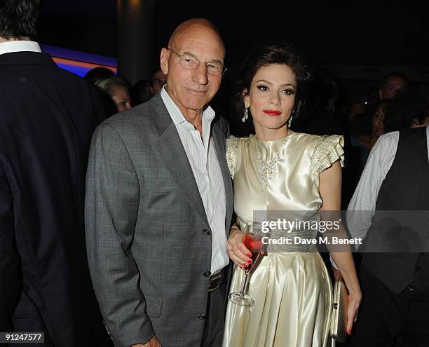 Patrick Stewart and Anna Friel attend the afterparty following the press night of 'Breakfast At Tiffany's', at the Haymarket Hotel on September 29,...