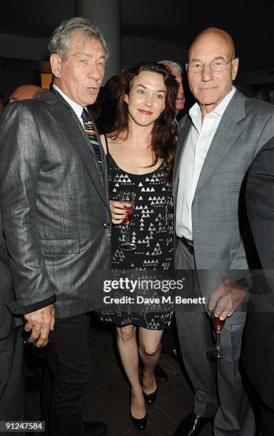 Sir Ian McKellen, Sunny Ozell and Patrick Stewart attend the afterparty following the press night of 'Breakfast At Tiffany's', at the Haymarket Hotel...