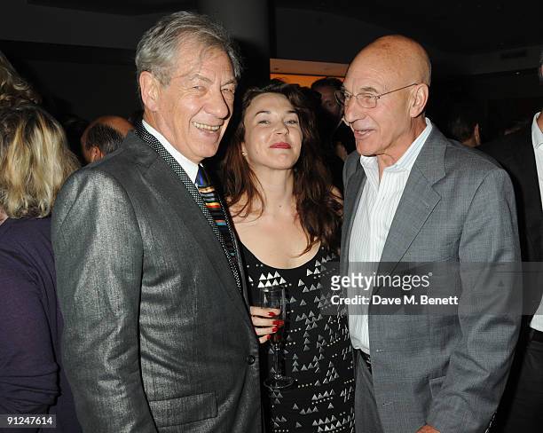 Sir Ian McKellen, Sunny Ozell and Patrick Stewart attend the afterparty following the press night of 'Breakfast At Tiffany's', at the Haymarket Hotel...