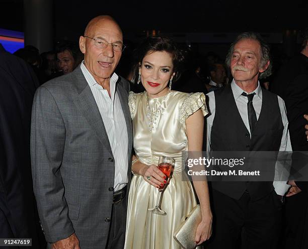 Patrick Stewart and Anna Friel with her father Des Friel attend the afterparty following the press night of 'Breakfast At Tiffany's', at the...