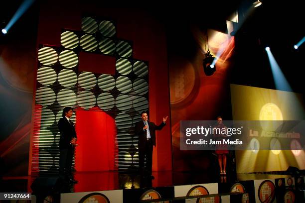 Host Rafael Araneda , TV Azteca's director Alberto Santini Lara and TV host Ingrid Coronado during the presentation of the reality show La Academia...