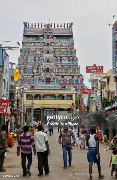 Ornate figures of Hindu deities adorn the gopuram of the Nataraja Temple complex in Chidambaram, Tamil Nadu, India. The Chidambaram Nataraja temple...