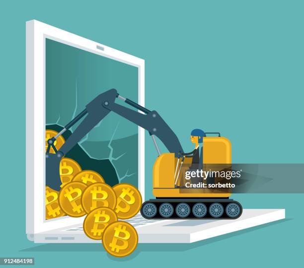 bitcoin mining - businesswoman using bulldozer - data entry on computer stock illustrations