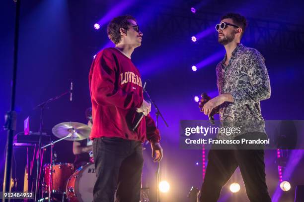 Franco Bertolini AKA Fraco126 and Carlo Luigi Coraggio AKA Carl Brave of Carl Brave x Franco126 performs on stage at ALcatraz on January 30, 2018 in...