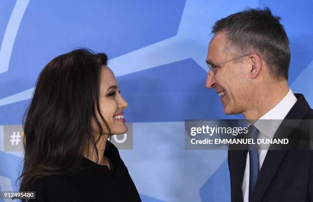 Secretary General Jens Stoltenberg welcomes US actress and Special Envoy for the United Nations High Commissioner for Refugees Angelina Jolie at the...