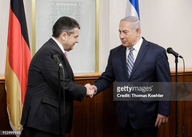 German Foreign Minister Sigmar Gabriel meets with Israeli Prime Minister Benjamin Netanyahu on January 31, 2018 in Jerusalem, Israel.