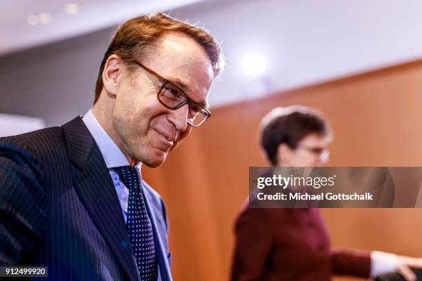 Berlin, Germany Jens Weidmann, president of german federal reserve bank Deutsche Bundesbank attends the weekley cabinet meeting on January 31, 2018...