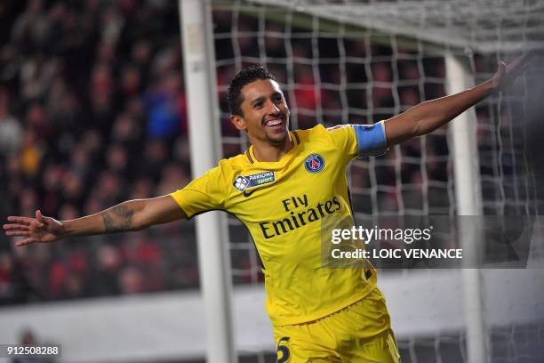 Paris Saint-Germain's Brazilian defender Marquinhos celebrates after scoring a goal during the French League Cup football semi-final match between...