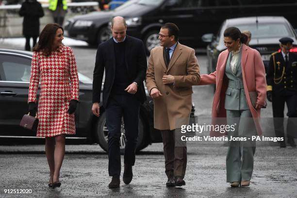 The Duke and Duchess of Cambridge, accompanied by Crown Princess Victoria and Prince Daniel of Sweden, arrive at the Karolinska Institute in...
