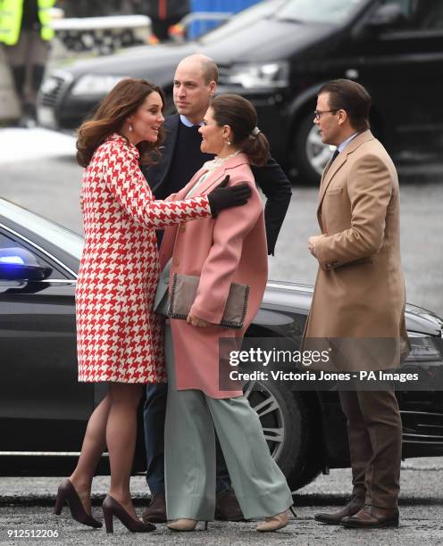 The Duke and Duchess of Cambridge, accompanied by Crown Princess Victoria and Prince Daniel of Sweden, arrive at the Karolinska Institute in...