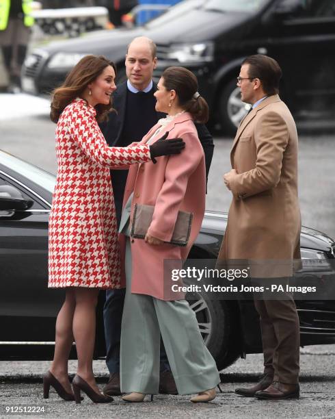The Duke and Duchess of Cambridge, accompanied by Crown Princess Victoria and Prince Daniel of Sweden, arrive at the Karolinska Institute in...