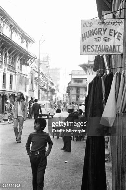 The Old Hungry Eye Restaurant on Freak Street, Katmandu, where hippies and local Nepalese mingle. March 1977.