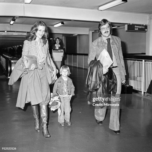 Charlotte Rampling at Heathrow Airport with her son Barnaby and husband Bryan Southcombe, 6th March 1976.