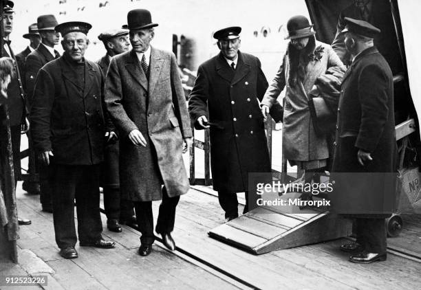 American businessman Henry Ford, the founder of Ford Motor Company, arrives at Southampton, England after his crossing from New York aboard the White...