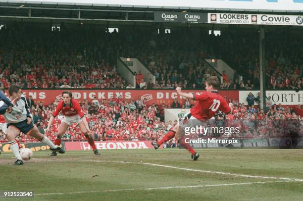 Middlesbrough v Luton Town, the last match played at Ayresome Park. John Hendrie scores the second goal for Middlesbrough. Final Score 2-1 to...