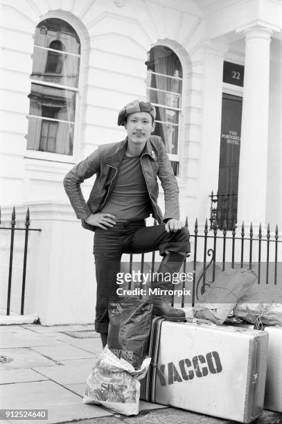 Kansai Yamamoto, Fashion Designer, The Portobello Hotel, London, 28th May 1971. Pictured wearing clothes purchased on his recent trip as he prepares...