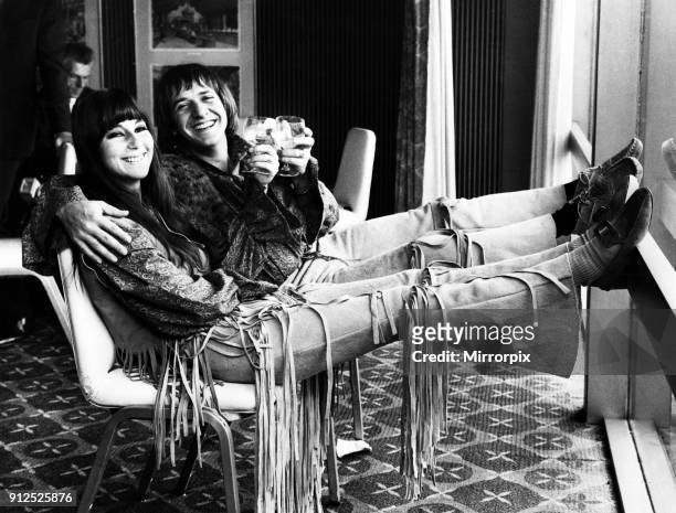 Sonny and Cher pictured at Hilton Hotel during a press reception. They had previously been refused entrance to the hotel owing to their way out...