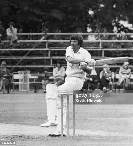 Glamorgan's batsman Roger Davis hits a ball against Warwickshire at Sophia Gardens. Circa 1973.