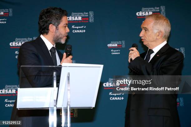 Master of Ceremonies of the 43rd Cesar Ceremony, Manu Payet and President of the Academy of Arts and Techniques of Cinema, Alain Terzian attend the...