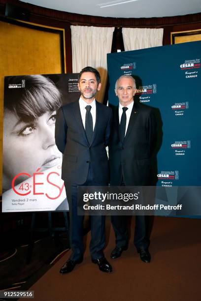 Master of Ceremonies of the 43rd Cesar Ceremony, Manu Payet and President of the Academy of Arts and Techniques of Cinema, Alain Terzian attend the...