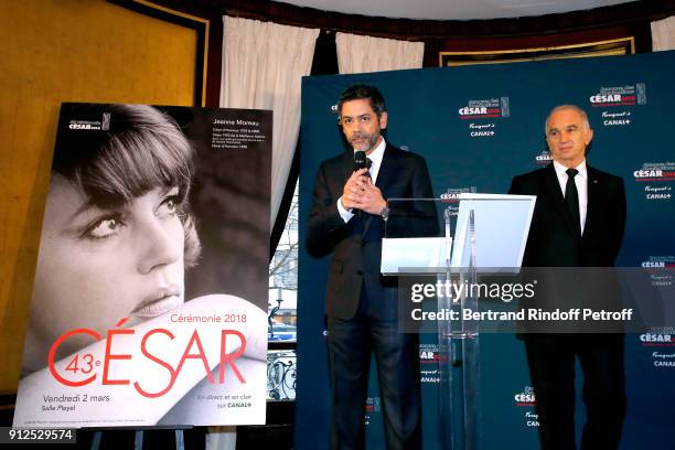 Master of Ceremonies of the 43rd Cesar Ceremony, Manu Payet and President of the Academy of Arts and Techniques of Cinema, Alain Terzian attend the...