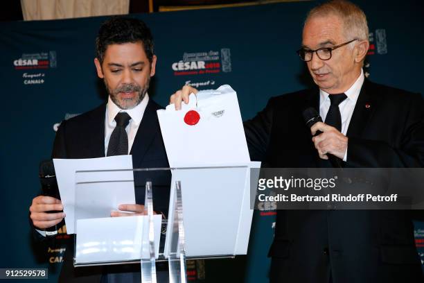 Master of Ceremonies of the 43rd Cesar Ceremony, Manu Payet and President of the Academy of Arts and Techniques of Cinema, Alain Terzian open the...