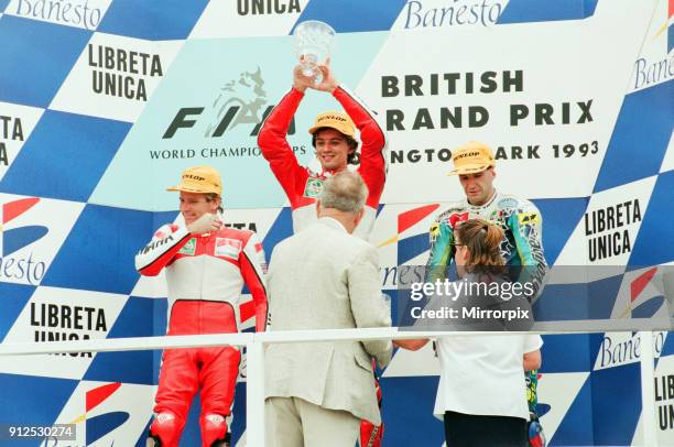 British Motorcycle Grand Prix, Donington Park, 1st August 1993. Podium, 1st Luca Cadalora, 2nd Wayne Rainey and 3rd Niall Mackenzie.