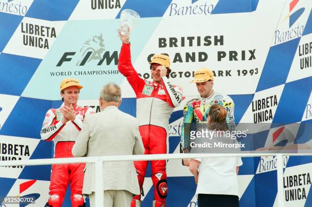 British Motorcycle Grand Prix, Donington Park, 1st August 1993. Podium, 1st Luca Cadalora, 2nd Wayne Rainey and 3rd Niall Mackenzie.