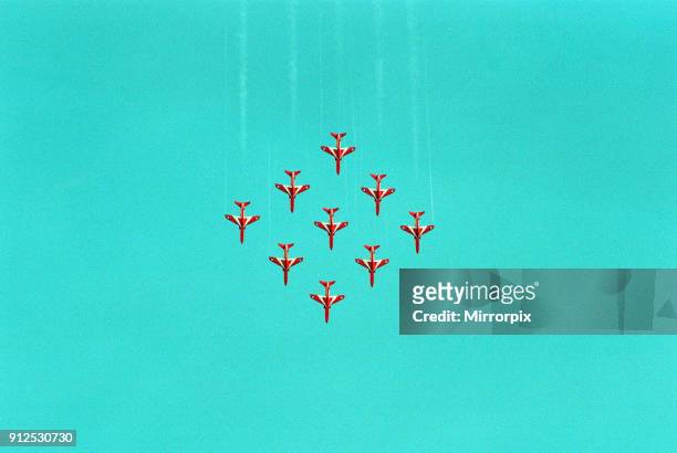 The Red Arrows, RAF Aerobatic Team, performing at the 1993 500 CC British Motorcycle Grand Prix, Donington Park, 1st August 1993.