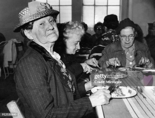 Mrs Agnes Efferman of Marion Street, Plott, Cardiff seen here enjoying her one and six penny dinner with her friends at the All Day Centre for the...