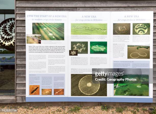 Information board panel about crop circles at the Barge Inn, Honeystreet, Wiltshire, England, UK.