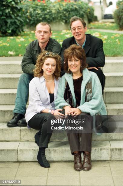 Simon Pegg, Jeff Rawle, Lynda Bellingham, Julia Sawalha attend a photocall for 'Faith in the Future', 24th October 1996.