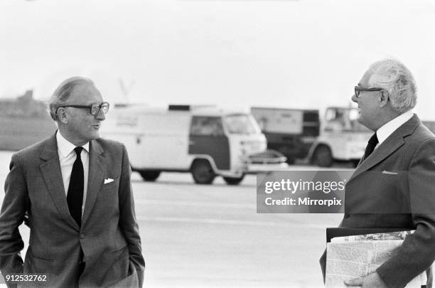 Foreign Secretary Lord Carrington with former Prime Minister James Callaghan at Heathrow Airport as they depart for Cairo to attend the funeral...