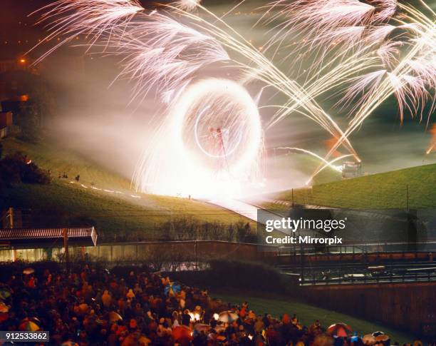 Bonfire Night, with 45ft Catherine Wheel at the Pyramid playing fields, Bury, Greater Manchester, 5th November 1991.