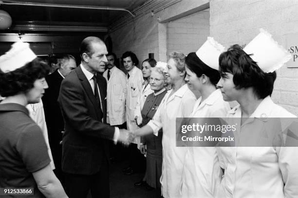 Prince Philip, Duke of Edinburgh, greets staff at Birmingham General Hospital. The Duke was visiting victims of the Birmingham Pub Bombings, 25th...