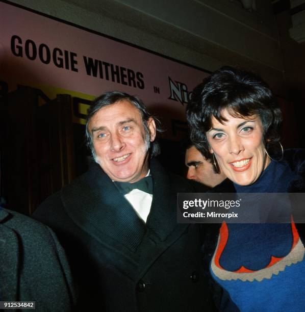 Comedian Spike Milligan with wife Paddy at the Royal Charity Premiere of 'Man of La Mancha' at the Dominion Theatre, London, 20th December 1972.