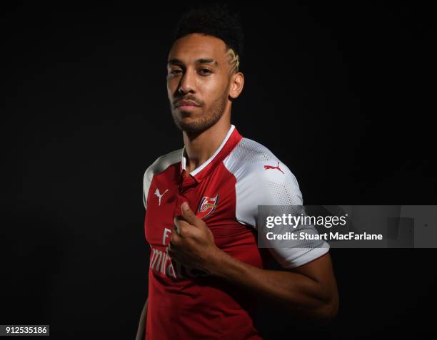 Arsenal unveil new signing Pierre-Emerick Aubameyang at London Colney on January 31, 2018 in St Albans, England.