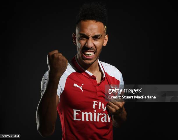 Arsenal unveil new signing Pierre-Emerick Aubameyang at London Colney on January 31, 2018 in St Albans, England.