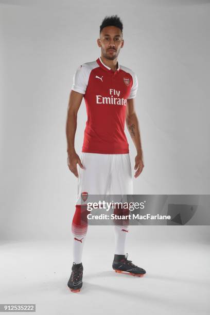 Arsenal unveil new signing Pierre-Emerick Aubameyang at London Colney on January 31, 2018 in St Albans, England.