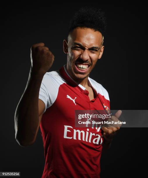 Arsenal unveil new signing Pierre-Emerick Aubameyang at London Colney on January 31, 2018 in St Albans, England.