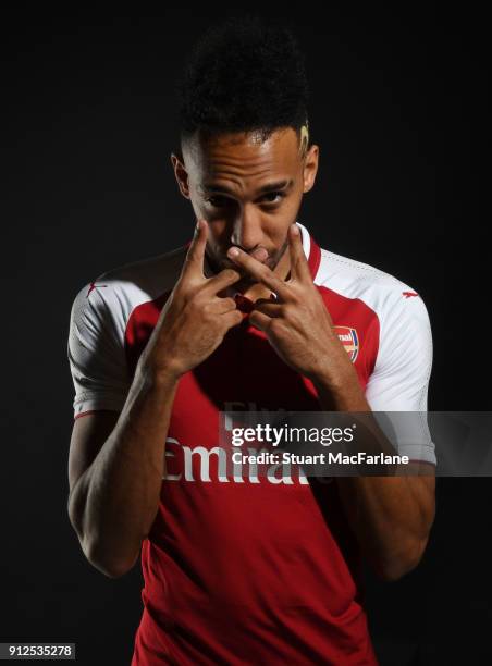 Arsenal unveil new signing Pierre-Emerick Aubameyang at London Colney on January 31, 2018 in St Albans, England.