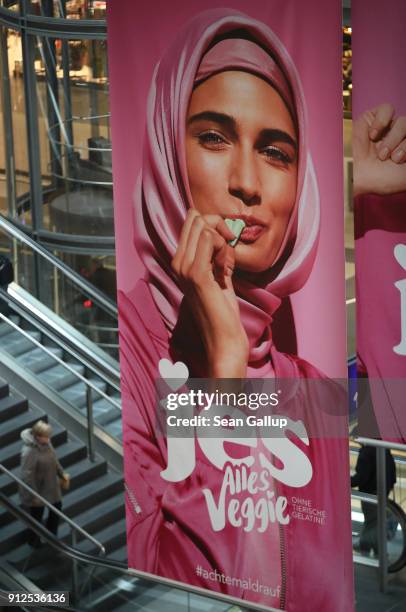 An advertisement for a new line of vegetarian sweets by German candymaker Katjes features a Muslim woman wearing a headscarf and three non-covered...