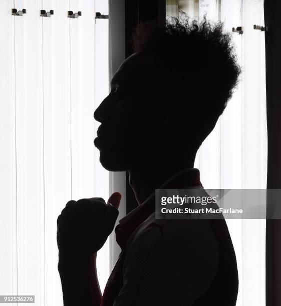 Arsenal unveil new signing Pierre-Emerick Aubameyang at London Colney on January 31, 2018 in St Albans, England.