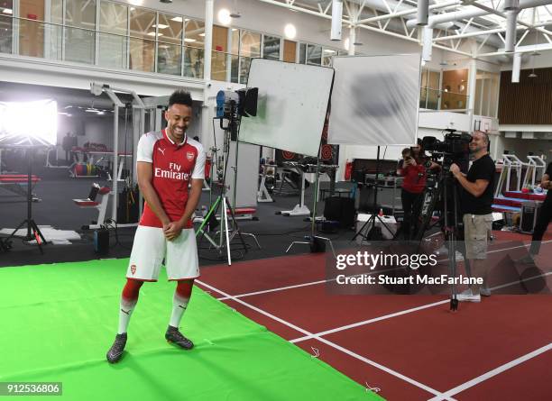 Arsenal unveil new signing Pierre-Emerick Aubameyang at London Colney on January 31, 2018 in St Albans, England.