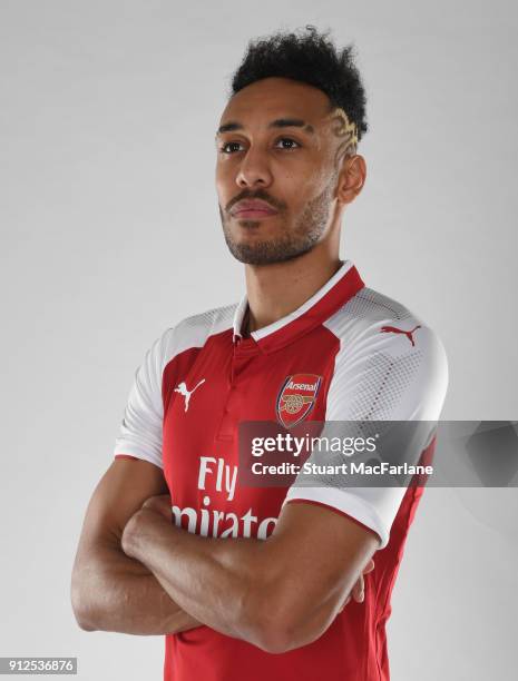 Arsenal unveil new signing Pierre-Emerick Aubameyang at London Colney on January 31, 2018 in St Albans, England.