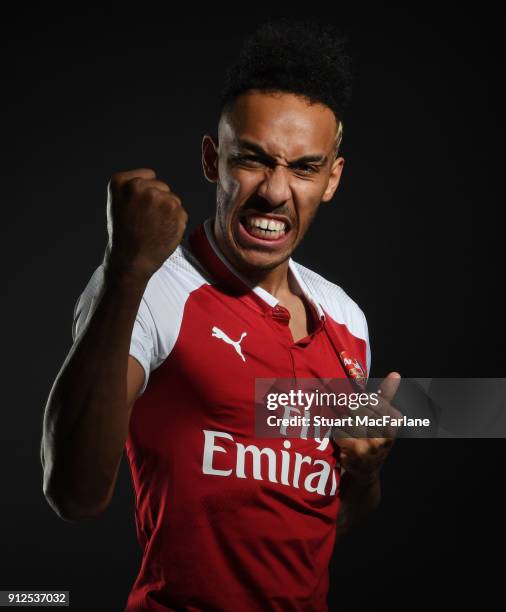 Arsenal unveil new signing Pierre-Emerick Aubameyang at London Colney on January 31, 2018 in St Albans, England.