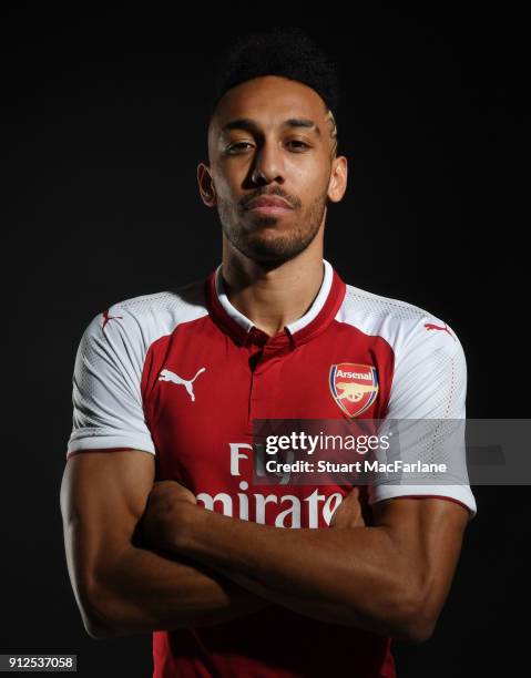 Arsenal unveil new signing Pierre-Emerick Aubameyang at London Colney on January 31, 2018 in St Albans, England.