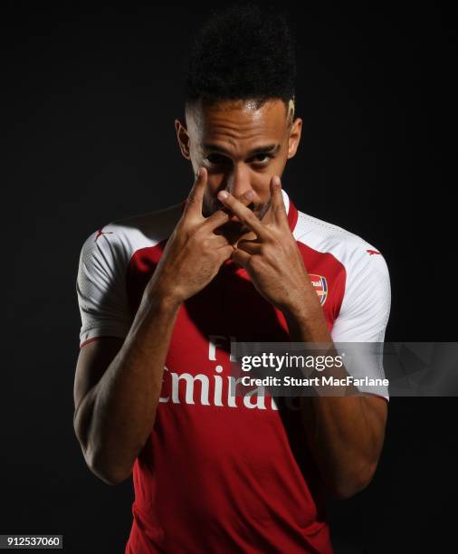 Arsenal unveil new signing Pierre-Emerick Aubameyang at London Colney on January 31, 2018 in St Albans, England.