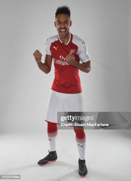 Arsenal unveil new signing Pierre-Emerick Aubameyang at London Colney on January 31, 2018 in St Albans, England.