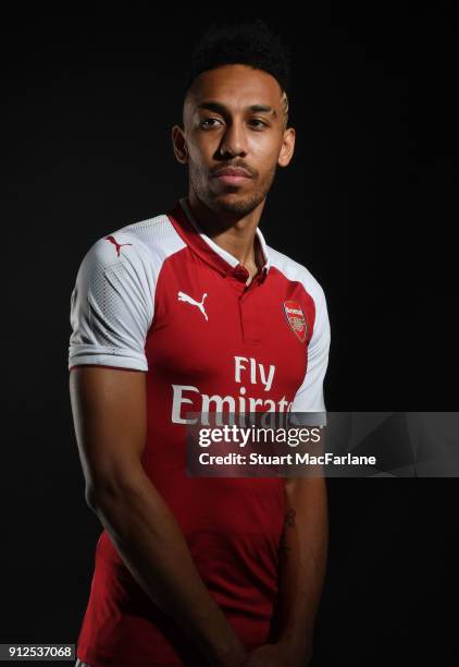 Arsenal unveil new signing Pierre-Emerick Aubameyang at London Colney on January 31, 2018 in St Albans, England.